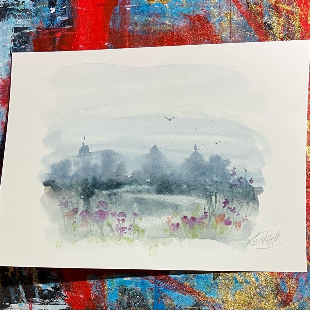 Watercolor Painting Landscape Art Original Signed Floral Nature Scene